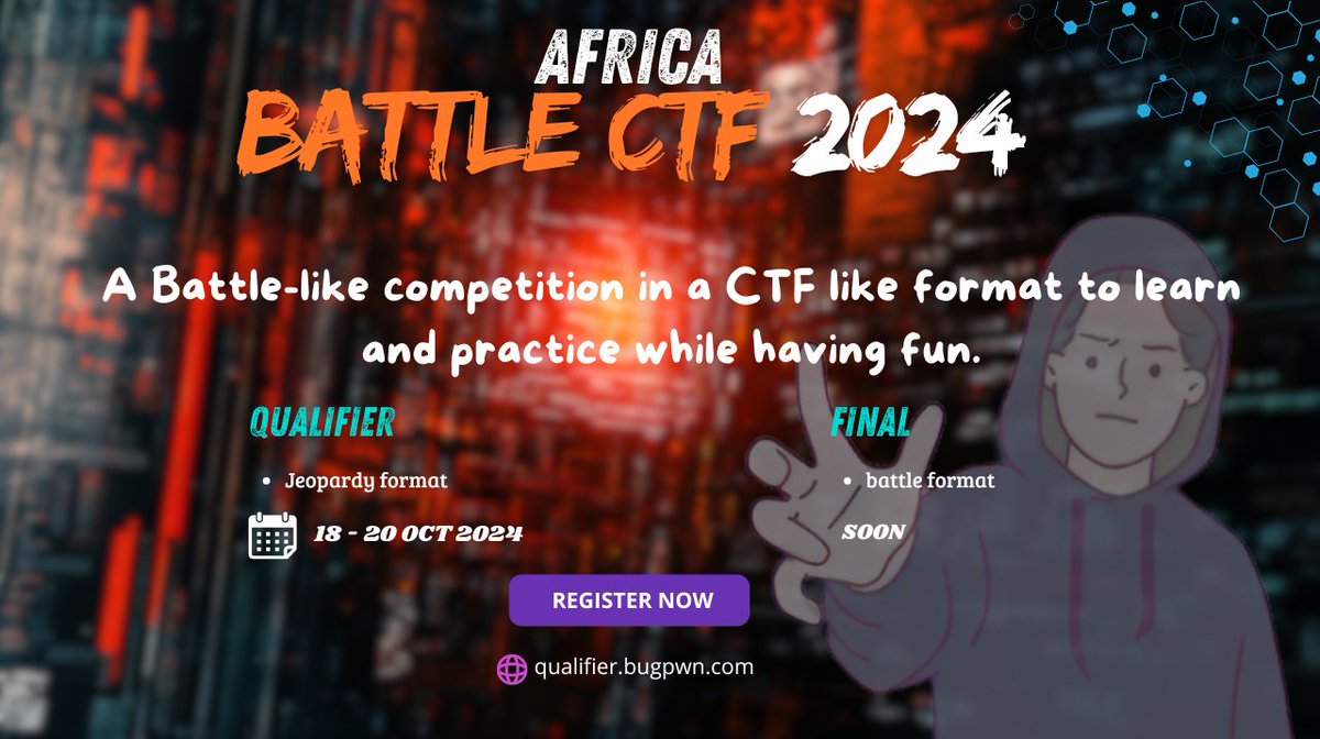 bug_pwn's tweet image. The BattleCTF awaits!

Register now: qualifier.bugpwn.com

Gear up and get ready to prove your skills!

#battleCTF #africabattlectf #bugpwn #hacking