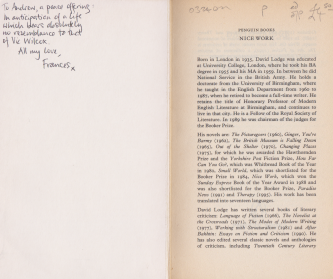 Found! inside 2nd-hand copy of Nice Work by David Lodge:

"To Andrew, a peace offering..."

bookdedications.co.uk/nice-work-by-d…