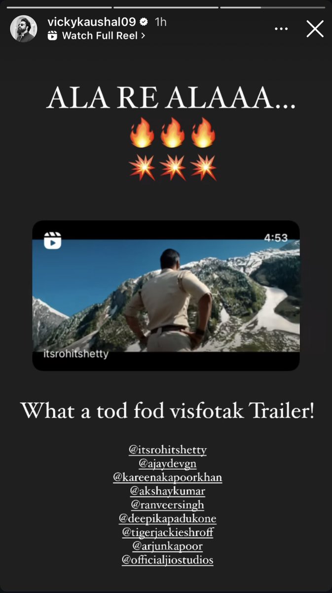 #MrunalThakur, #KatrinaKaif, #BhumiPednekar and #VickyKaushal sharing #SinghamAgainTrailer on their insta stories. 🔥❤️