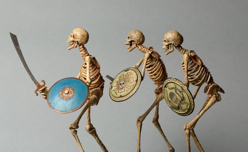 Ray Harryhausen's Skeleton Army- a fantastic photograph of three original models from ‘Jason and the Argonauts’ (1963), still looking incredible within the Harryhausen Foundation archive.

The 'Children of the Hydra's Teeth' are actually some of the best surviving models in the