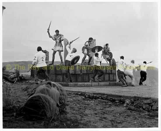 Behind the scenes image from the filming of 'Jason and the Argonauts', showing actors and stuntmen rehearsing choreography for the film's iconic Skeleton sequence.

The numbered stuntmen each represent a Skeleton warrior- the scene was repeatedly practiced until the actors had