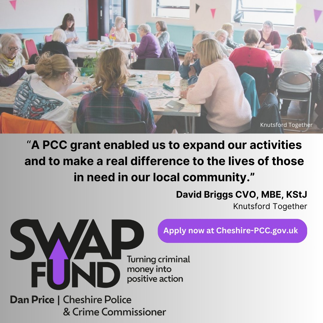 Police and Crime Commissioner for Cheshire (@cheshirepcc) on Twitter photo PCC Dan Price's SWAP Fund enables communities to apply for grants for local projects.
<a href="/knutsfordtgther/">Knutsford Together</a> applied for previous funding to enable them to expand their activities making a difference in their community.
Have an idea? Find out more #SWAPfund orlo.uk/hKBUt PCC Dan Price's SWAP Fund enables communities to apply for grants for local projects.
<a href="/knutsfordtgther/">Knutsford Together</a> applied for previous funding to enable them to expand their activities making a difference in their community.
Have an idea? Find out more #SWAPfund orlo.uk/hKBUt