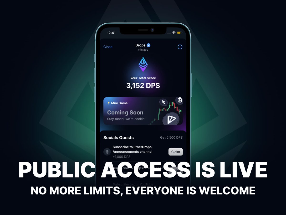 etherdrops_bot's tweet photo. 💥Free Access to the App is Live for Everyone!

What’s new?
• No more invite codes — now, anyone can access the app and start farming $DPS instantly. ✅

What’s next?
The mini-game is closer than ever - it’s just around the corner 🤫
👉https://t.co/oDozbBmzKJ
