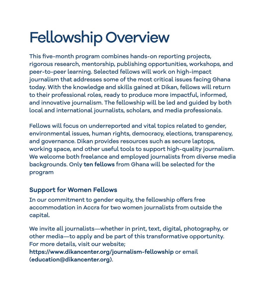 Dikan Journalism Fellowship!! 

We invite all journalists—whether in print, text, digital, photography, or other media—to apply and be part of this transformative opportunity.

dikancenter.org/journalism-fel…

Sponsored by <a href="/DikanCenter/">Dikan Center</a> &amp; <a href="/USEmbassyGhana/">U.S. Embassy Ghana</a>