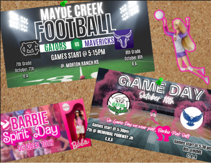 MCJHGators's tweet photo. Gator Community.......Athletic happenings at The Creek this week.  Volleyball Pink out game against @MPJHEagles Football against @MRJHMavs @MCJH_Athletics
#maydeforthis #maydemyday #maydeusproud https://t.co/TlY6Jgwbvz