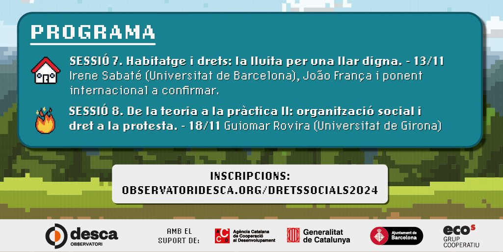 Observatori DESCA (@observadesca) on Twitter photo 🏘️ 🛡️Habitatge i drets: la lluita per una llar digna. Amb <a href="/jotaemi/">João França (@jotaemi@mastodon.social)</a>, <a href="/etnoirene/">Irene</a> i ponent internacional per confirmar
📢✊De la teoria a la pràctica: organització social i dret a la protesta amb <a href="/GuiomarRovira/">Guiomar Rovira</a>
⚠️ Recorda que tota la info + inscripcions a observatoridesca.org/dretssocials20… 🏘️ 🛡️Habitatge i drets: la lluita per una llar digna. Amb <a href="/jotaemi/">João França (@jotaemi@mastodon.social)</a>, <a href="/etnoirene/">Irene</a> i ponent internacional per confirmar
📢✊De la teoria a la pràctica: organització social i dret a la protesta amb <a href="/GuiomarRovira/">Guiomar Rovira</a>
⚠️ Recorda que tota la info + inscripcions a observatoridesca.org/dretssocials20…