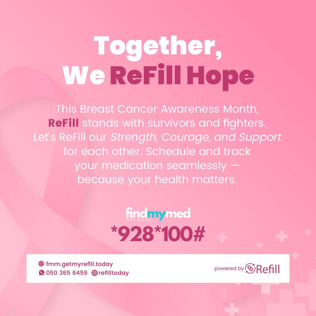 refilltoday's tweet photo. This Breast Cancer Awareness Month, let’s Refill Hope for all fighters and survivors. 💖

Track and manage your medication easily with FindMyMed at *928*100# — because your health matters.

#BreastCancerAwareness #RefillHope https://t.co/EdOEt7FPR0
