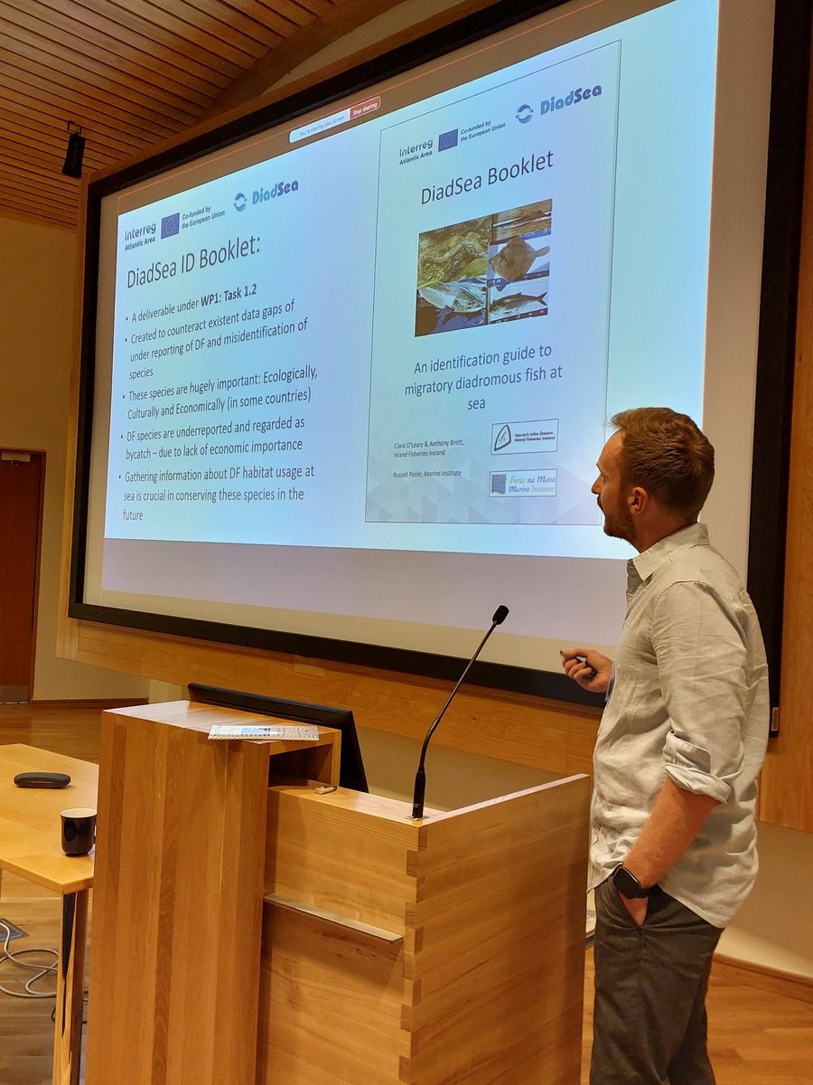 ⚫️ IFI is working with EU + 🇮🇪 partners in the #DiadSea Project.

🐟 DiadSea aims to improve the management and conservation of migratory fish at sea.

📷 IFI research staff Anthony Brett presents a new DiadSea identification booklet at the #MarineIns
More:tinyurl.com/4a8r5vrp