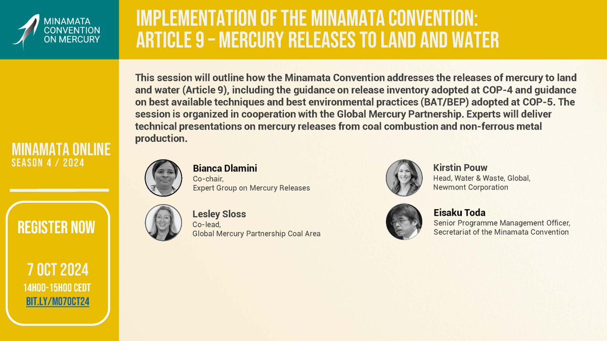 🔜Join our #MinamataOnline webinar in 45 mins, at 14H00 CET! 

This session will outline how the #MinamataConvention addresses the releases of mercury to #land and #water (Article 9).

🗓️Register now: bit.ly/MO7OCT24
📺Or watch it on #YouTubeLive: youtube.com/live/Jm6YEL_G7…
