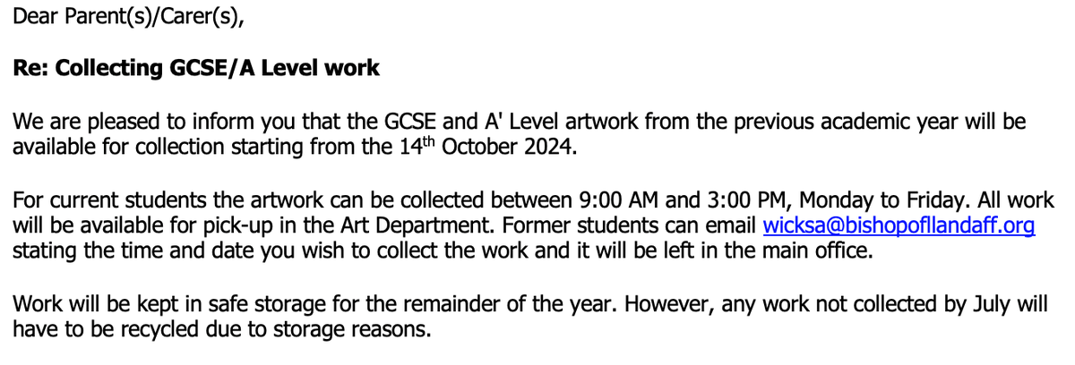 RE: Collecting GCSE/ A' Level Work