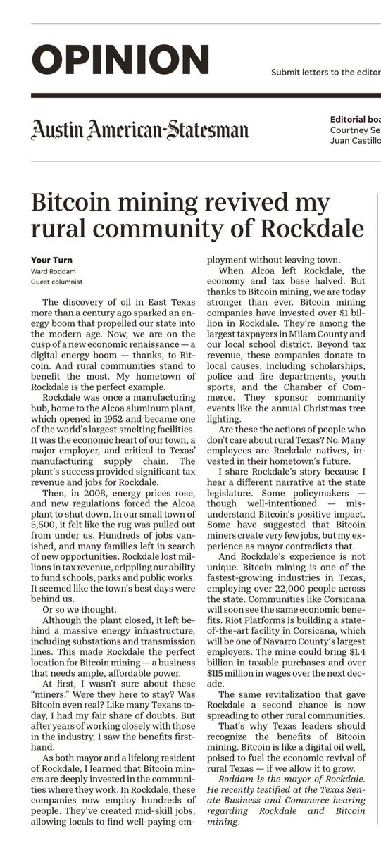 BitcoinNewsCom's tweet image. NEW: Mayor of Rockdale, Texas writes an opinion letter on how Bitcoin mining revitalized his town.

“We are on the cusp of a new economic renaissance - a digital energy boom - thanks to Bitcoin.”