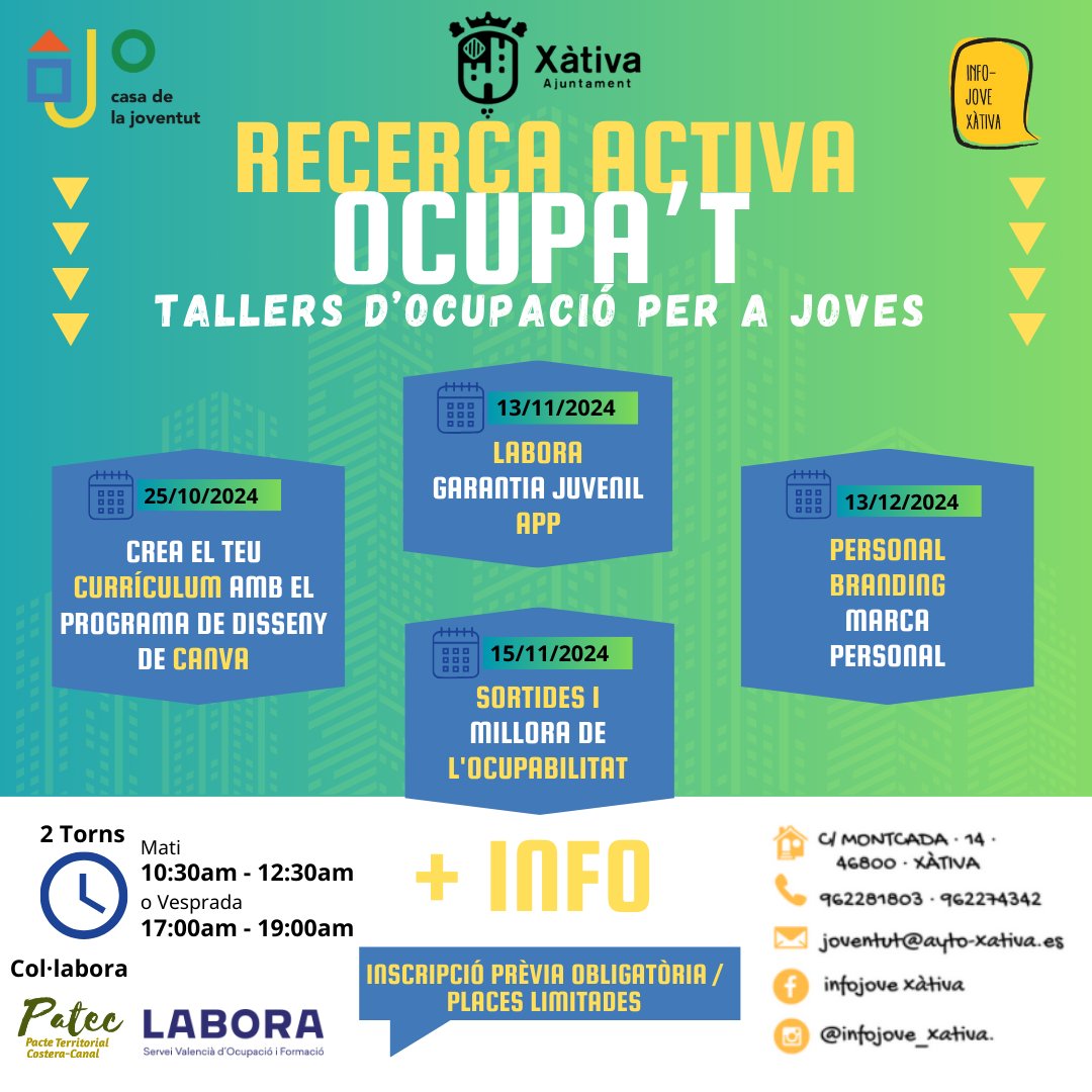 📢 Apunta't als tallers d'ocupació per a joves amb "Recerca Activa: Ocupa't"!

📝 Necessites un currículum més atractiu? Vols millorar la teua ocupabilitat o conéixer eines com la Garantia Juvenil? 

📌 Inscripció prèvia obligatòria:  forms.gle/eAShYWVvRFhjAg…