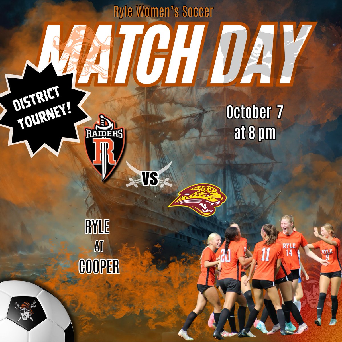 TONIGHT!!! Come out and cheer on the Lady Raiders as they take on Cooper in the first round of the 33rd District Tournament!  Let's do this!!!
⚽️⚔️🏴‍☠️ 
ONE HEART
ONE MIND
ONE PROGRAM 
#Hoorah
#RaiderNation
