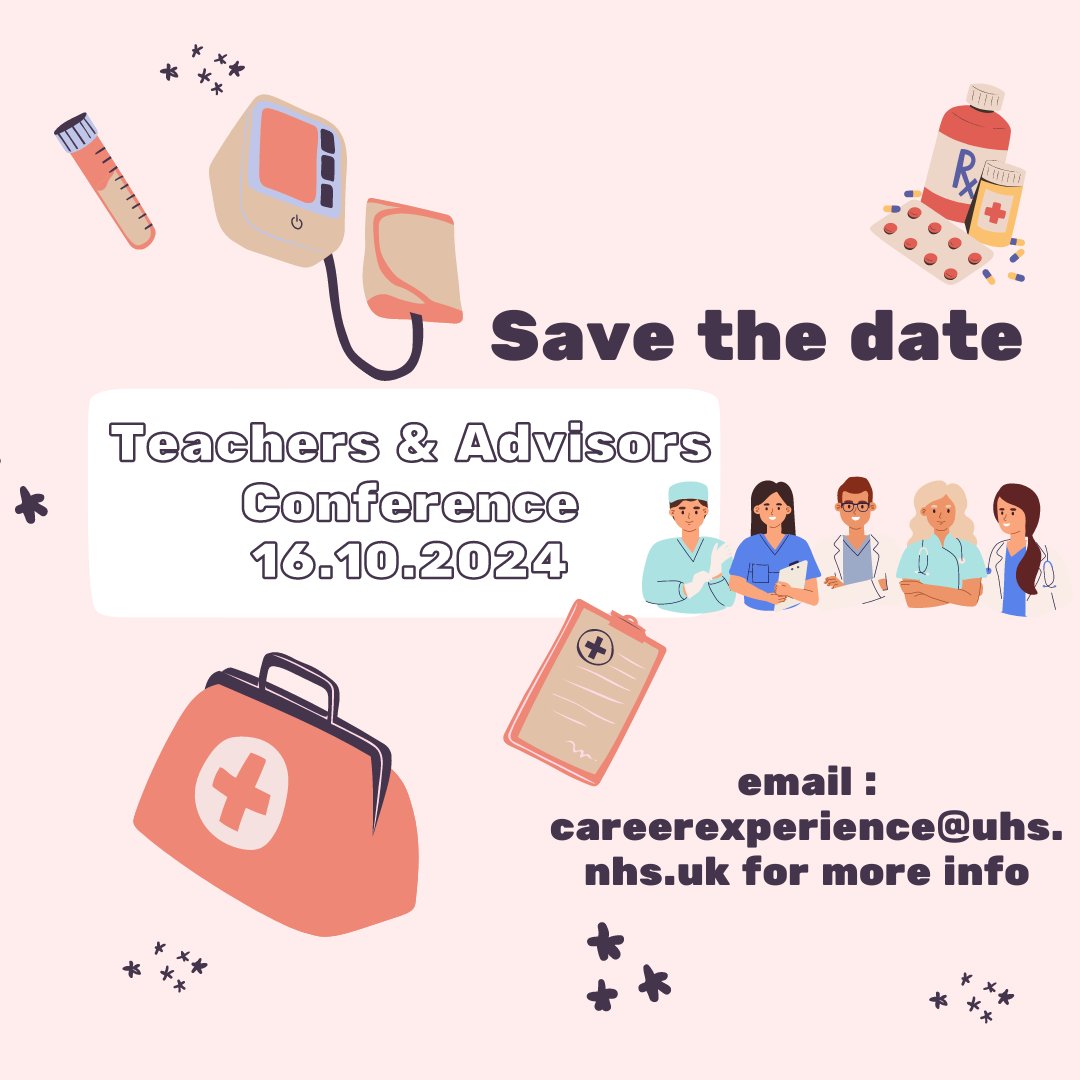 Widening Participation at UHS (@uhs_wp) on Twitter photo Join us for our upcoming Teachers and Advisors conference on 16.10.24 to find out about all things NHS careers & apprenticeships.
Emails us at : careerexperience@uhs.nhs.uk for more information. Join us for our upcoming Teachers and Advisors conference on 16.10.24 to find out about all things NHS careers & apprenticeships.
Emails us at : careerexperience@uhs.nhs.uk for more information.