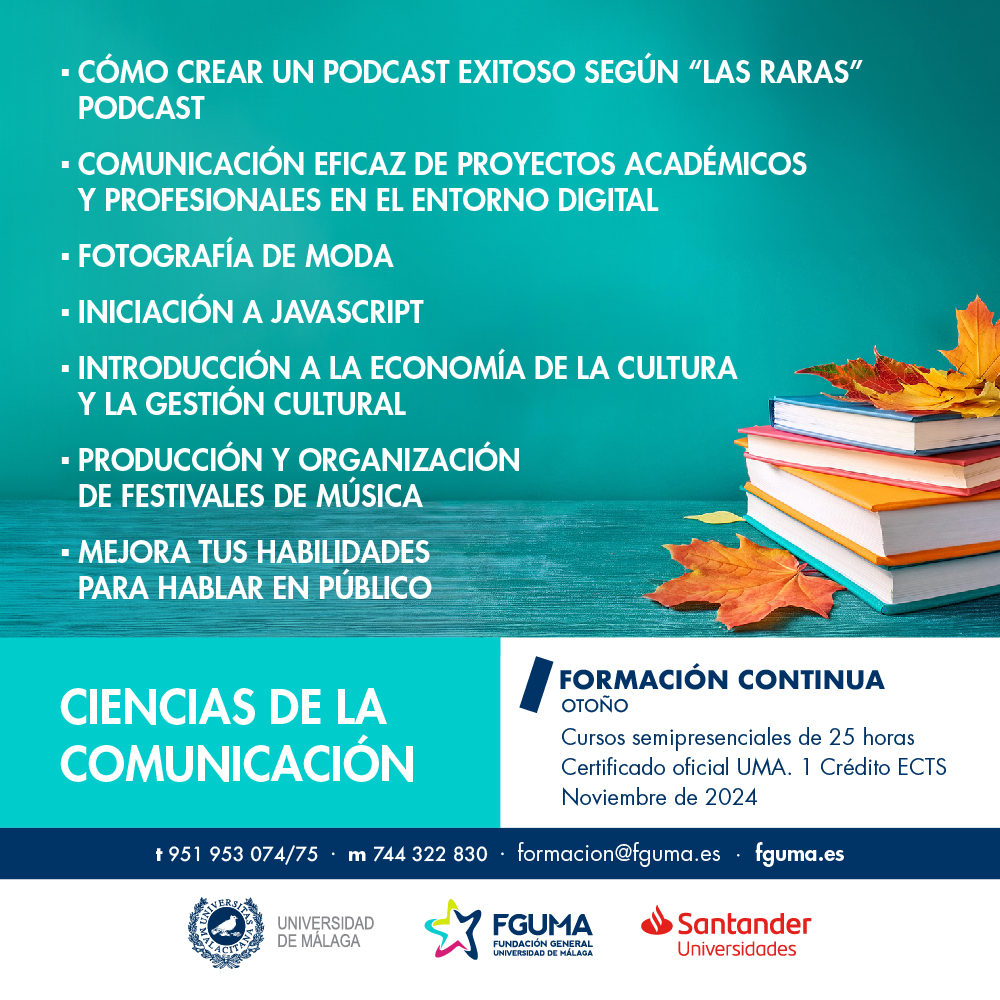 Amplía conocimientos y CV con Cursos #otoñoFGUMA🍁

Expande horizontes, obtén nuevas habilidades y explora nuevas áreas de interés🔭

🕛25 horas semipresenciales
🎓1 ECTS y certificado @infouma

Echa un ojo al catálogo completo 📚 Tenemos hasta 35 cursos fguma.es/cursos-otono/