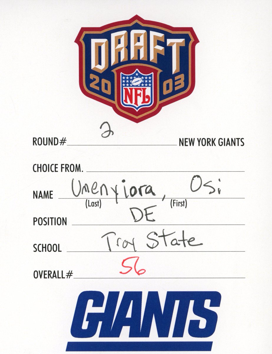PFHOFAmbassador's tweet image. With Osi Umenyiora entering the NFL London Games Ring of Honour, check out his original draft card from 2003. This is kept at the @ProFootballHOF. #NFLLondonGames #NFLLondon