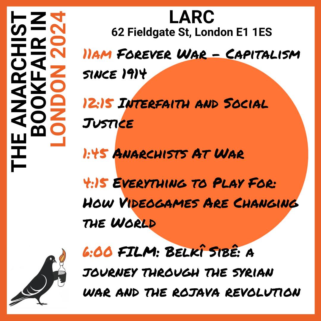 Anarchist Bookfair in London (@bookfairldn) on Twitter photo Workshop Venue spotlight, London Action Resource Centre (LARC).
Located at 62 fieldgate St, E1 1ES, LARC will host four workshops from given by Old Moles Collective, <a href="/BadAppleZine/">Bad Apple Magazine</a>, <a href="/SolidarityColl1/">Solidarity Collectives</a>, and <a href="/marijamdid/">Marijam Didžgalvytė</a> followed by the documentary Belkî Sibê by <a href="/Alexis_Daloumis/">Alexis Daloumis (new account)</a>
1/ Workshop Venue spotlight, London Action Resource Centre (LARC).
Located at 62 fieldgate St, E1 1ES, LARC will host four workshops from given by Old Moles Collective, <a href="/BadAppleZine/">Bad Apple Magazine</a>, <a href="/SolidarityColl1/">Solidarity Collectives</a>, and <a href="/marijamdid/">Marijam Didžgalvytė</a> followed by the documentary Belkî Sibê by <a href="/Alexis_Daloumis/">Alexis Daloumis (new account)</a>
1/