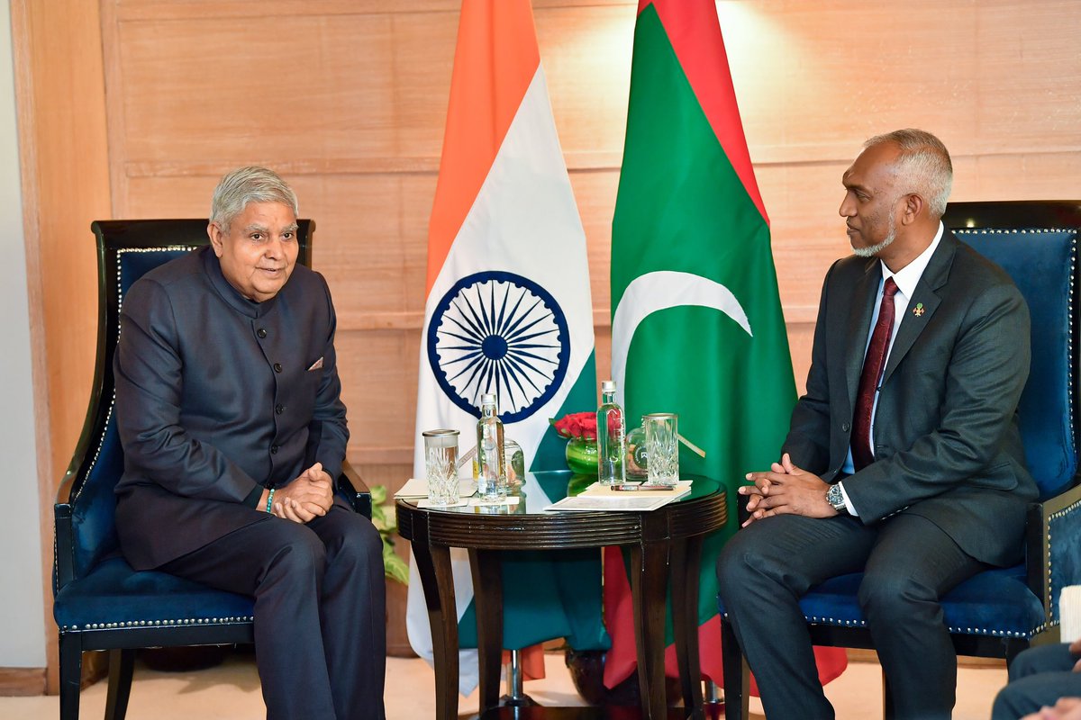 presidencymv's tweet photo. This afternoon, Indian Vice President, His Excellency Jagdeep Dhankhar, paid a courtesy call on President, His Excellency Dr @MMuizzu, in New Delhi, during which both leaders discussed enhancing collaboration to strengthen relations between the two countries. https://t.co/NTlucvJtZm