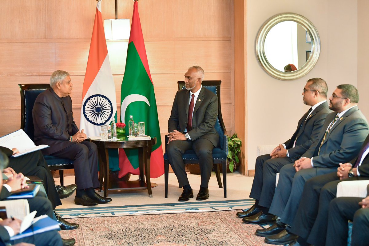 presidencymv's tweet photo. This afternoon, Indian Vice President, His Excellency Jagdeep Dhankhar, paid a courtesy call on President, His Excellency Dr @MMuizzu, in New Delhi, during which both leaders discussed enhancing collaboration to strengthen relations between the two countries. https://t.co/NTlucvJtZm