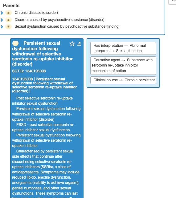 Post-SSRI sexual dysfunction (PSSD) has been added to the SNOMED diagnostic codes internationally so that it can now be recorded by doctors as a diagnosis. Hopefully this will help the system to determine the full extent of the issue. <a href="/PSSDNetwork/">PSSD Network | Post-SSRI Sexual Dysfunction</a> <a href="/DrDavidHealy/">@samizdathealth</a> <a href="/TonyAvery1/">Tony Avery</a>
