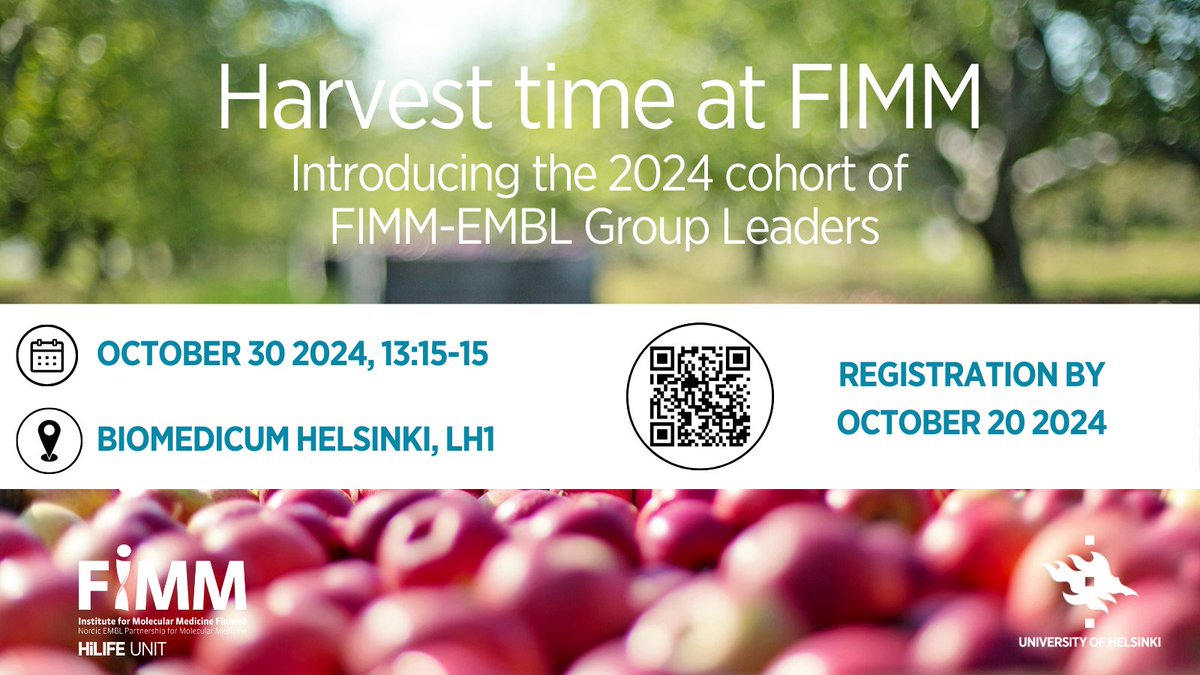 FIMM HelsinkiUni (@fimm_uh) on Twitter photo Warm welcome to the Harvest time at FIMM seminar!
FIMM Director <a href="/samrip/">Samuli Ripatti</a> and new FIMM-EMBL Group Leaders will present their plans for the near future.
📅Wednesday Oct 30 at 13:15-15:00
🏢Biomedicum Helsinki, Lecture Hall 1
More information and registration: lyyti.fi/reg/FIMM_harve… Warm welcome to the Harvest time at FIMM seminar!
FIMM Director <a href="/samrip/">Samuli Ripatti</a> and new FIMM-EMBL Group Leaders will present their plans for the near future.
📅Wednesday Oct 30 at 13:15-15:00
🏢Biomedicum Helsinki, Lecture Hall 1
More information and registration: lyyti.fi/reg/FIMM_harve…