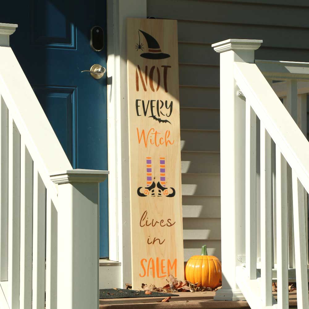 Designerstencil's tweet photo. The Not Every Witch Lives in Salem Vertical Porch Stencil is great for painting a decorative porch sign to celebrate the fun of Halloween! This is a one-piece stencil.  These stencils are super easy to use. https://t.co/AkOeMXOzWY #salemwitches #verticalporchsign #halloweendecor https://t.co/J0gVMrqCmX