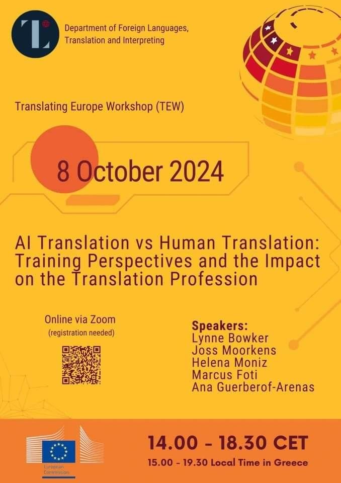 An exciting Translating Europe Workshop (TEW) on "AI translation vs Human Translation: Training Perspectives &amp; the Impact on the Translation Profession"! where @anaguerberof will talk about #Creativity and #technology in #translation and the #INCREC project.