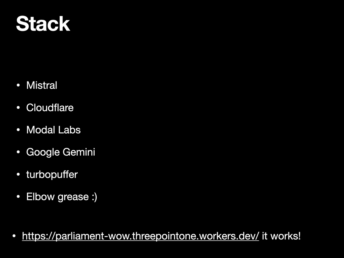 threepointone's tweet photo. Parliament Wow, In 4 slides

Try it out live here https://t.co/EFjzHBEif6

Longer writeup later!

@mattzcarey and @thomasankcorn did most of the work, I was Chief Press-tab-in-Cursor Officer 

Super great weekend https://t.co/Yn8VhxkiJT