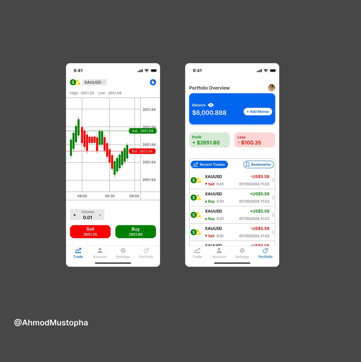 AhmodMustopha's tweet image. It’s better late than never 
DAY 30/30 CHALLENGE 
It’s all about #FOREX 
1. Trading Screen
2. Summary Screen (Portfolio overview)
What’s your thought?
@DezinDesign #30daymobbindesignchallenge
