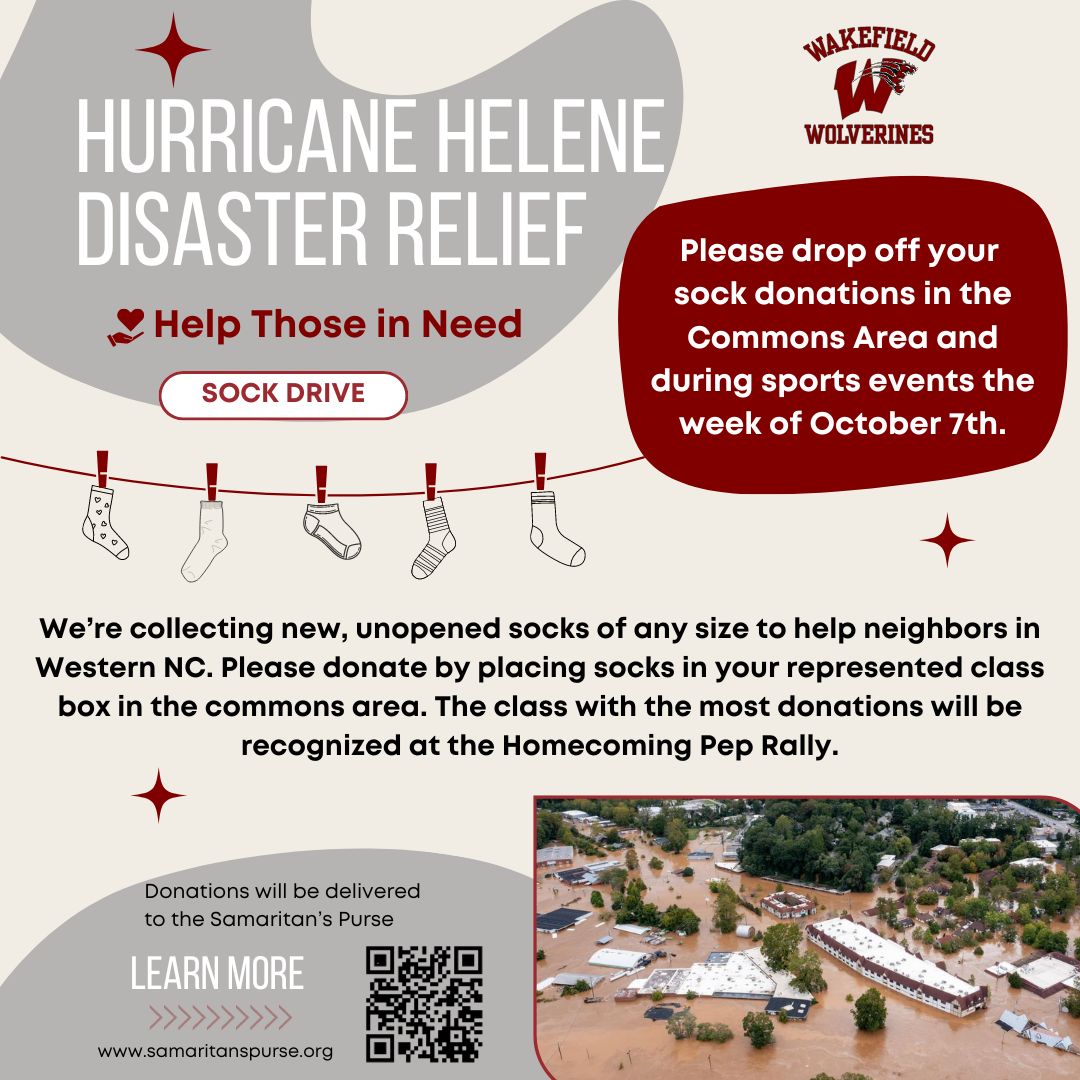 SOCK DRIVE - Hurricane Relief! Please bring new, packaged socks (any size/color) to the commons this week for our friends in western NC. Boxes will be in the commons and at the stadium until October 10.