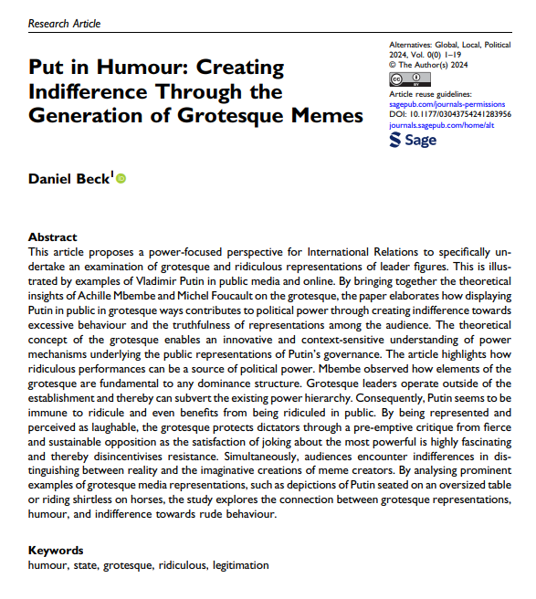 Alternatives_J's tweet photo. In this fascinating new article, @dan1el_beck leverages theoretical work on the grotesque to argue that ridiculous representations of leader figures create indifference towards excessive behavior &amp; untruthfulness, &amp; can serve as a source of political power
https://t.co/cLZkTUWLvb https://t.co/UCv2sKCqVd