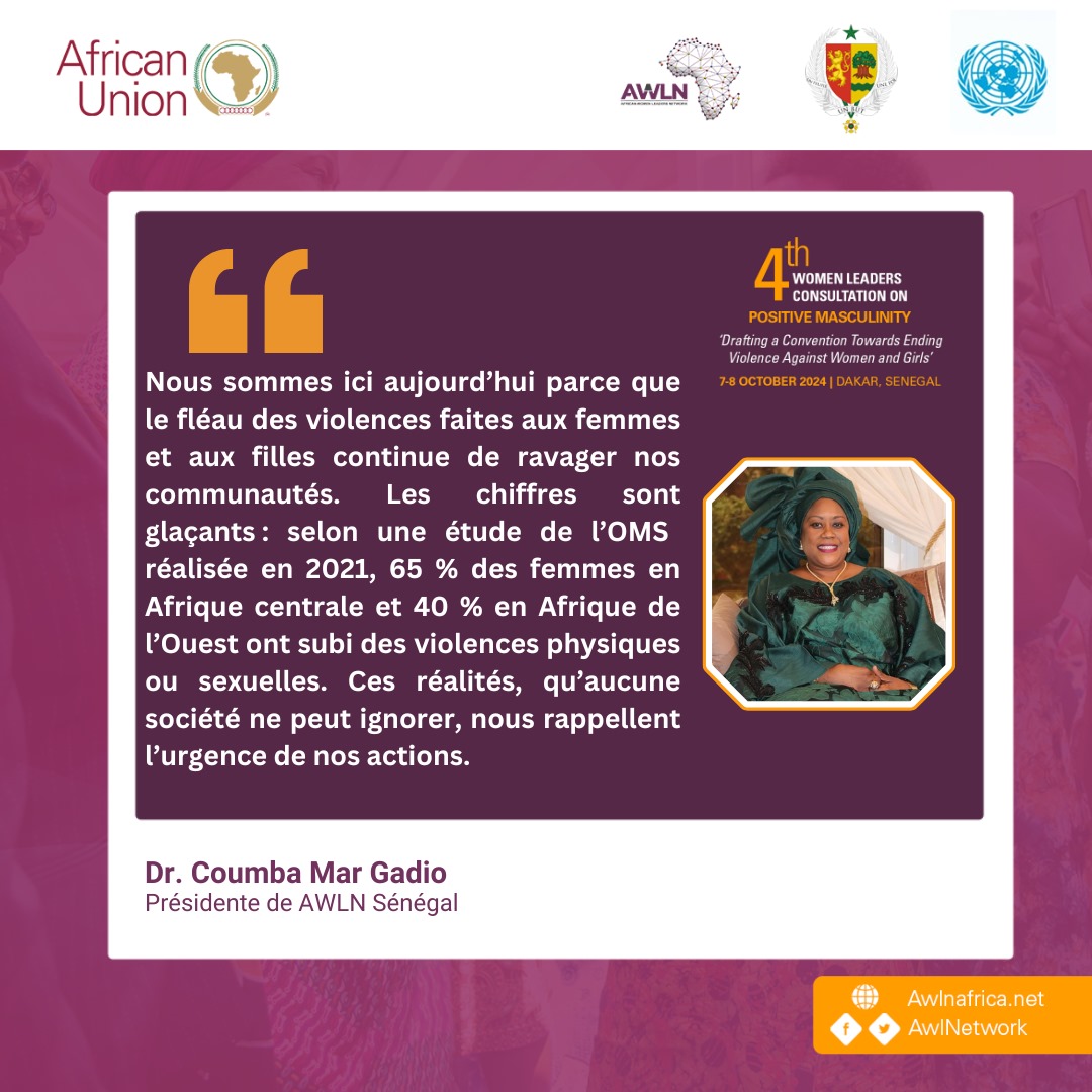 African Union Women, Gender & Youth Directorate (@au_wgyd) on Twitter photo Dans son allocution de bienvenue, Dr. Coumba Mar Gadio, Présidente de <a href="/AwlnSn/">AWLN Chapitre Sénégal🇸🇳</a>, n'a pas manqué de souligner les chiffres alarmants concernant les violences en Afrique. Elle a insisté sur l'urgence de prendre des mesures concrètes pour éradiquer ce fléau.
#AfricanVoices Dans son allocution de bienvenue, Dr. Coumba Mar Gadio, Présidente de <a href="/AwlnSn/">AWLN Chapitre Sénégal🇸🇳</a>, n'a pas manqué de souligner les chiffres alarmants concernant les violences en Afrique. Elle a insisté sur l'urgence de prendre des mesures concrètes pour éradiquer ce fléau.
#AfricanVoices