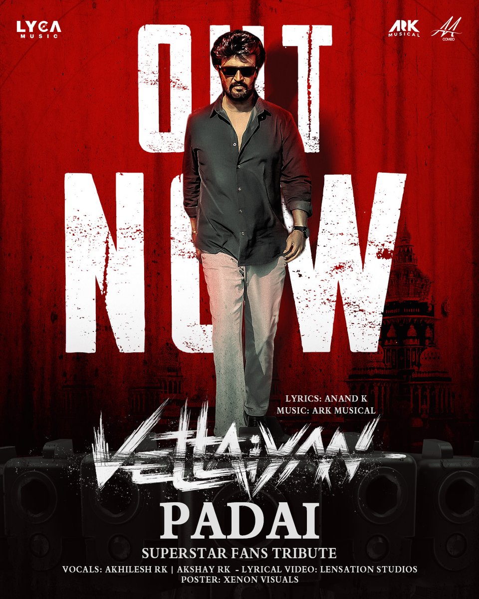 Lyca Music (@lycamusic) on Twitter photo Turn up the volume! 🔊 #VettaiyanPadai 🔥 is OUT NOW ▶️ A tribute to the one and only Superstar <a href="/rajinikanth/">Rajinikanth</a> 🌟
🔗 youtu.be/zf6mNuJwrOk
Lyrics - <a href="/ANAND_Officia_/">Anand</a> ✍🏻
Music - <a href="/akhichuu/">ARK</a> 🎹
#Vettaiyan 🕶️ <a href="/ritika_offl/">Ritika Singh</a> <a href="/officialdushara/">Dushara</a> <a href="/RakshanVJ/">Vj Rakshan</a> #DineshMaster Turn up the volume! 🔊 #VettaiyanPadai 🔥 is OUT NOW ▶️ A tribute to the one and only Superstar <a href="/rajinikanth/">Rajinikanth</a> 🌟
🔗 youtu.be/zf6mNuJwrOk
Lyrics - <a href="/ANAND_Officia_/">Anand</a> ✍🏻
Music - <a href="/akhichuu/">ARK</a> 🎹
#Vettaiyan 🕶️ <a href="/ritika_offl/">Ritika Singh</a> <a href="/officialdushara/">Dushara</a> <a href="/RakshanVJ/">Vj Rakshan</a> #DineshMaster