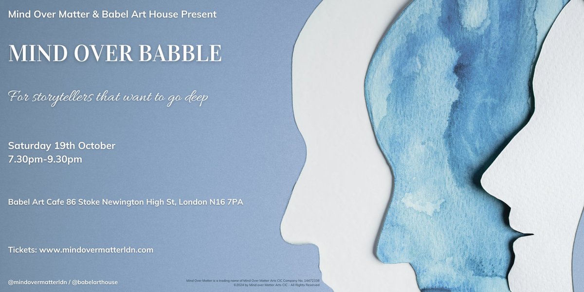 Mind Over Matter Arts CIC (LDN) (@mindmatterldn) on Twitter photo 🚨 New Event Announcement 🚨
Mind Over Babble
In partnership with <a href="/ArtBabel/">BabelARTHouse</a>
A cross between a sharing circle and open mic night 💥
More info and 🎟
mindovermatterldn.com 🚨 New Event Announcement 🚨
Mind Over Babble
In partnership with <a href="/ArtBabel/">BabelARTHouse</a>
A cross between a sharing circle and open mic night 💥
More info and 🎟
mindovermatterldn.com