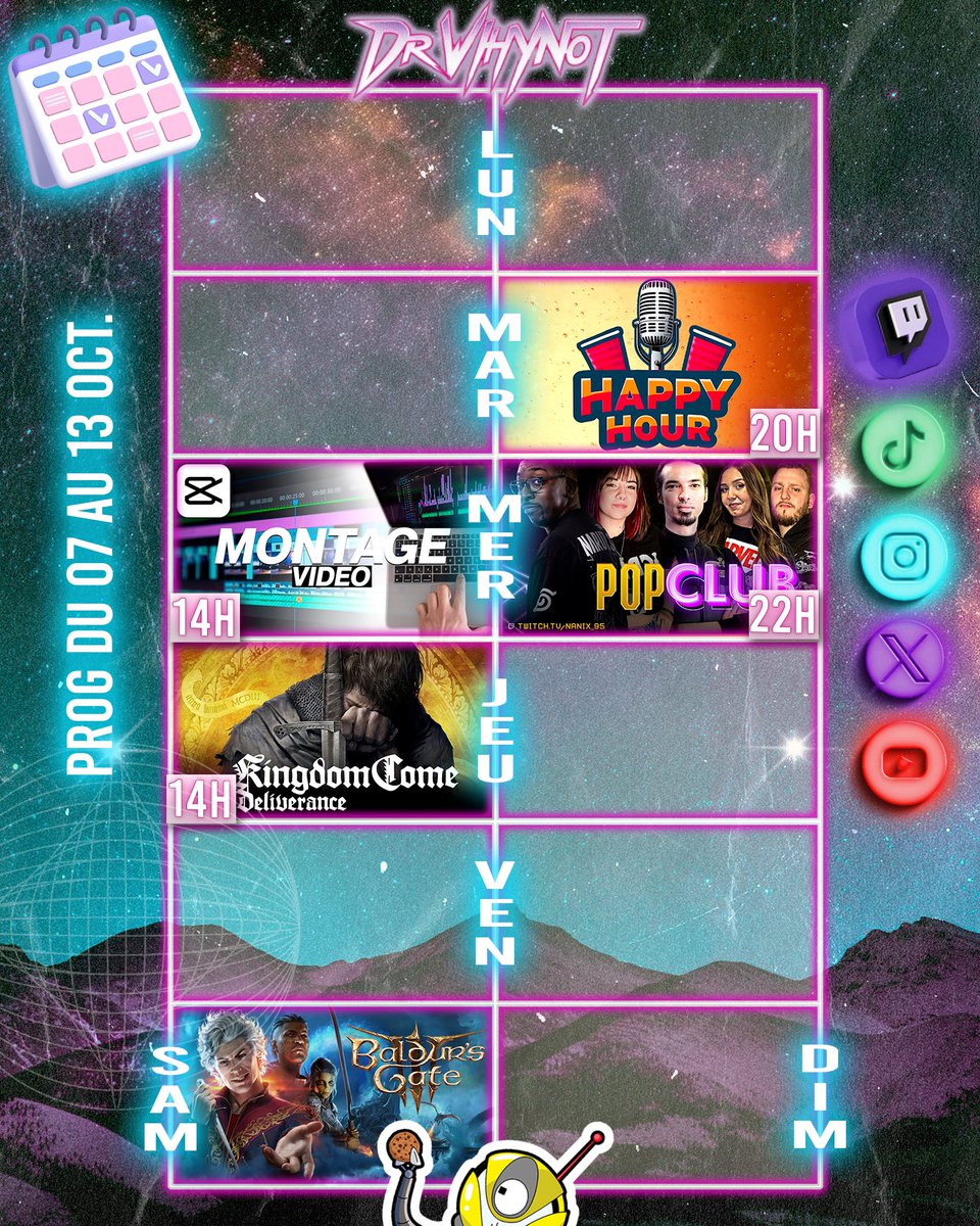 PLANNING DE LA SEMAINE 👀

La radio libre Happy Hours est repoussé à Mardi et notre invité sera ce grand monsieur <a href="/LaBabarbe/">LA BABARBE 🐘</a> 
Mercredi je monterai des videos avec vous l’aprem et PopClub chez <a href="/Nanix95/">Regardez Invincible et X-Men 97🦸🏻‍♂️</a> le soir
Jeudi aprem on continue #kingdomcome 
Samedi soir c’est #BaldurGate3