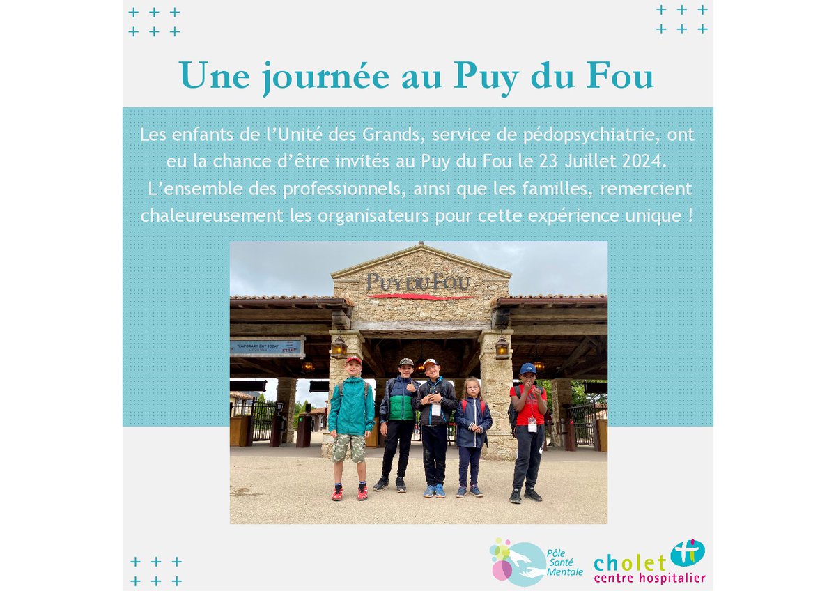Centre Hospitalier de Cholet (@ch_cholet) on Twitter photo Les enfants de l’Unité des Grands,service de pédopsychiatrie, ont eu la chance d’être invités au <a href="/PuyduFou/">Puy du Fou</a> le 23 Juillet 2024
L’ensemble des professionnels, ainsi que les familles, remercient chaleureusement les organisateurs pour cette expérience unique
<a href="/ars_pdl/">ARS Pays de la Loire</a>
#santementale Les enfants de l’Unité des Grands,service de pédopsychiatrie, ont eu la chance d’être invités au <a href="/PuyduFou/">Puy du Fou</a> le 23 Juillet 2024
L’ensemble des professionnels, ainsi que les familles, remercient chaleureusement les organisateurs pour cette expérience unique
<a href="/ars_pdl/">ARS Pays de la Loire</a>
#santementale