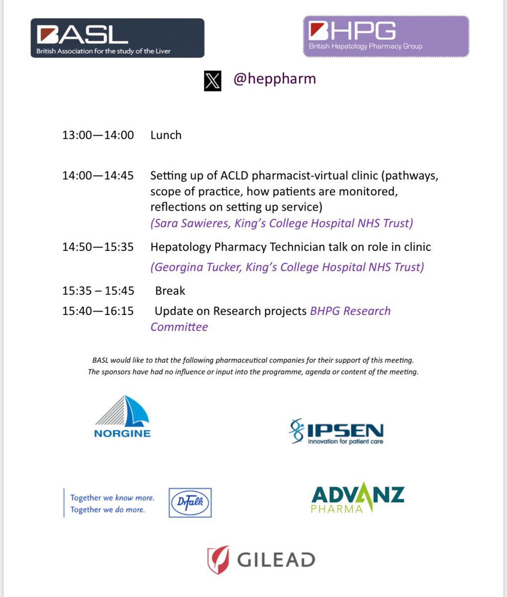 📣Calling all #pharmacists!
Our annual educational meeting is coming up in London on Tuesday 12 November, featuring the hottest topics in hepatology pharmacy.

It’s FREE for BASL members.
👇Have a look at our exciting agenda below and register here: 
tinyurl.com/bdhdvkvv