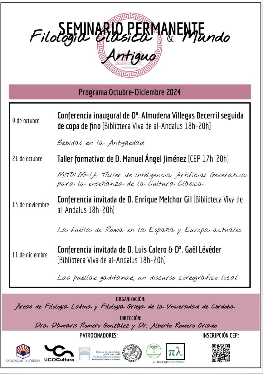 sunrey2's tweet photo. Presentamos oficialmente las conferencias y las actividades del Seminario Permanente para este cuatrimestre. Y la inauguración más clásica no podía ser! @UCOCultura @ProjectPlutarch #SEECCórdoba #CEPCórdoba #CasaVivadelAlÁndalus https://t.co/Mi6kIEpgxN