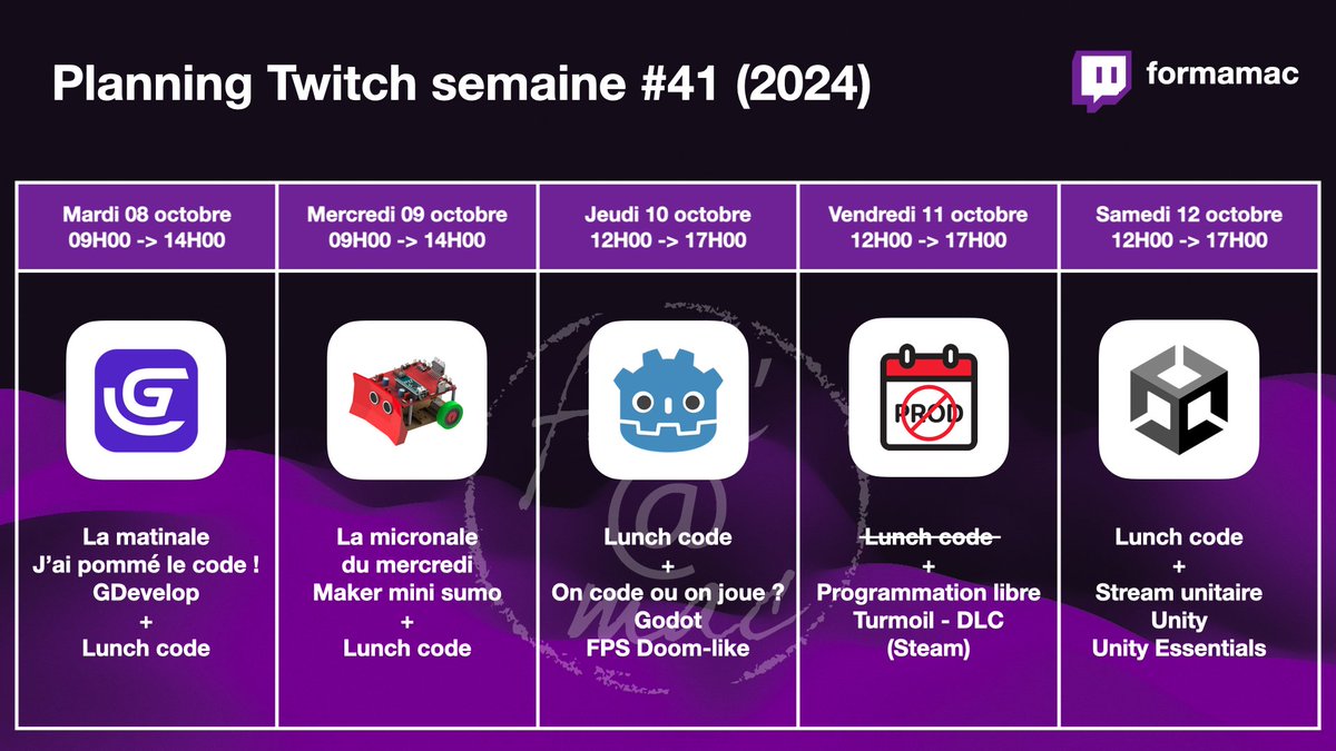 formamac's tweet photo. Planning #stream semaine 41 (2024) 🗓️
- mardi 08 octobre
- mercredi 09 octobre
- jeudi 10 octobre
- vendredi 11 octobre
- samedi 12 octobre
➡️https://t.co/P7MWxs90Tu 🍎
#planning #twitch #DIY #Thyria
@GDevelopApp @arduino @godotengine
@unity @unitygames @itchio @Gamious https://t.co/gJLa1FO2zk