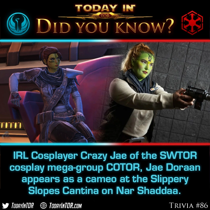 TodayinTor's tweet photo. Did You Know that Crazy Jae, Cosplayer of the COTOR Cosplay community and character in SWTOR: Ascension, was officially added as a character to #SWTOR?
You can find Jae Doraan in the Slippery Slopes Cantina on Nar Shadaa! https://t.co/T5mJvxLhvX
#swtorfamily #starwars #cotor https://t.co/B7sHoFe929