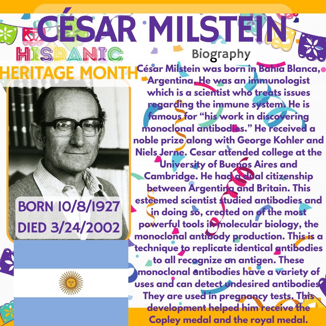 In Chemistry as part of our Hispanic Heritage Month observance, we take a moment to honor the accomplishments of Hispanic STEM professionals. Today, we shine a light on César Milstein. Follow along to expand your knowledge! #HispanicHeritageMonth #InspiringMinds
@bburghsbruins
