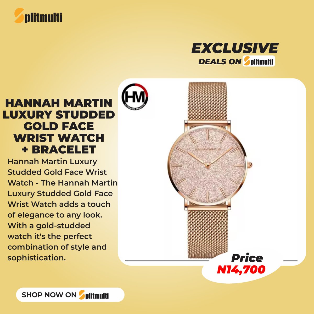 splitmulti_ng's tweet photo. Enjoy exclusive deals now on Splitmulti.
Shop this Hannah Martin Luxury Studded Gold Face Wrist Watch now at https://t.co/BT3vJxnid2
Tell a friend to tell another friend π.
#onlinedeals #cheapdeals #shopping #splitmulti https://t.co/goKLgWEvPr