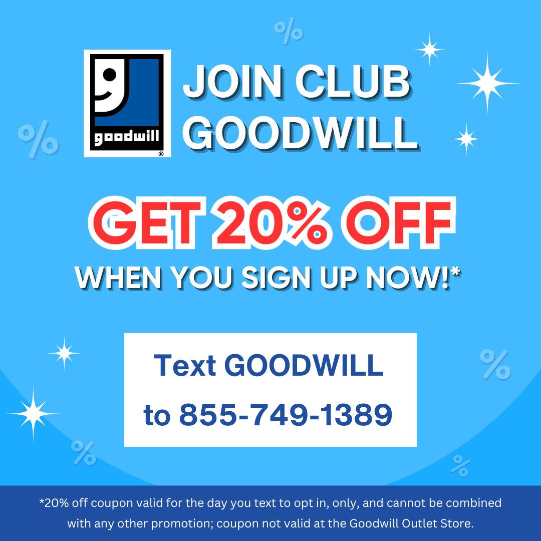 GoodwillNJ's tweet image. Be the first to know about our latest news and exclusive surprises! Sign up for CLUB GOODWILL and unlock a **one-time 20% off coupon** just for joining today! 

**one-time coupon valid only on the day you opt-in

#GoodwillSavings #TextToJoin