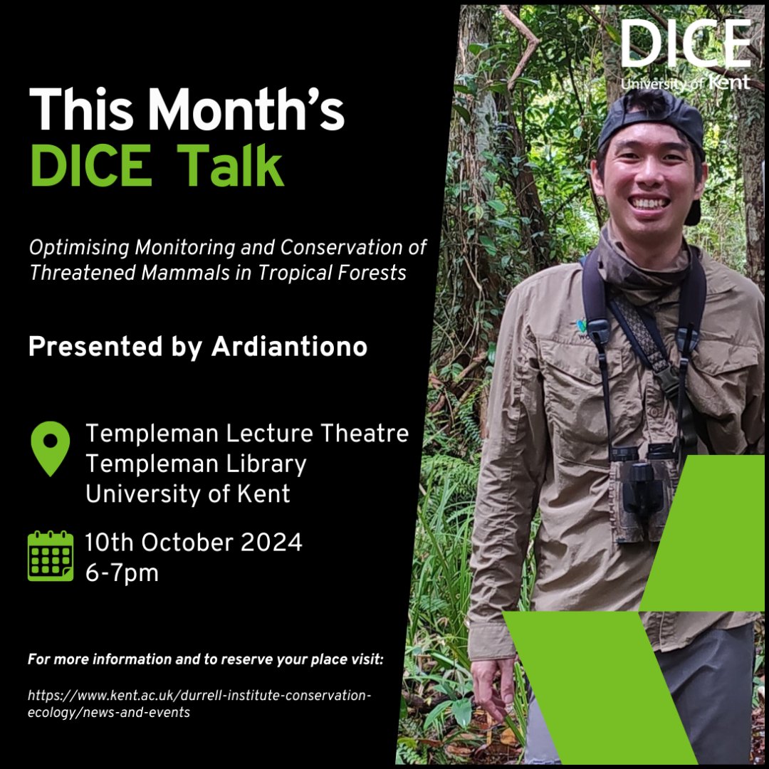 Final call for DICE Talk sign-ups! 📣

Join us this Thursday 10th October, 6-7pm for Ardiantiono's talk 'Optimising Monitoring and Conservation of Threatened Mammals in Tropical Forests'.

Reserve your seat: kent.ac.uk/whats-on/event…

#DICETalks #DICEKent #openlectures