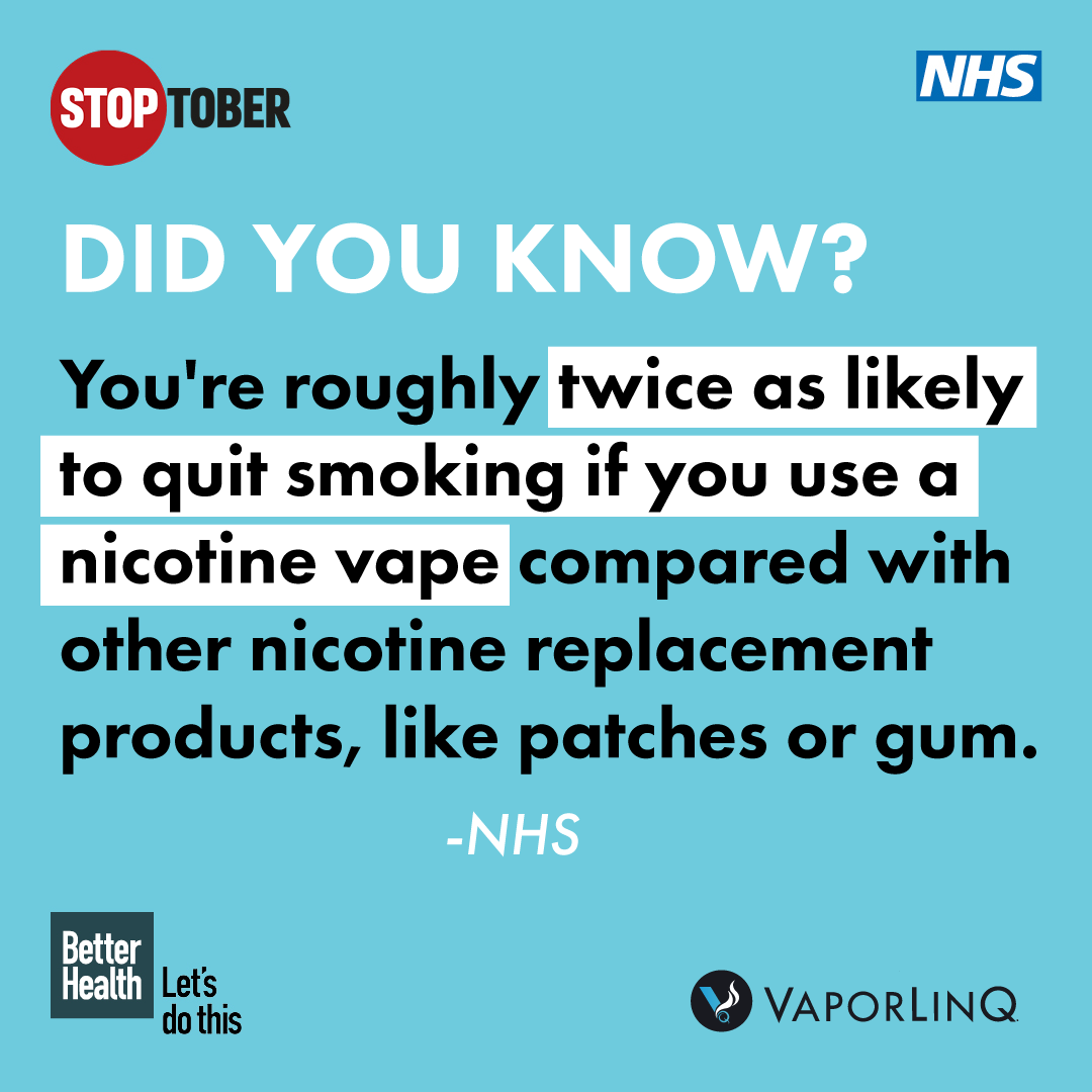 Nicotine vapes have helped MILLIONS of people quit traditional cigarettes for good! 🚭👏

Learn more about how vapes can help you or a loved one on their quit-smoking journey in this article from the NHS: loom.ly/NqVflb8

#Stoptober #QuitSmoking #Vape #Vaping