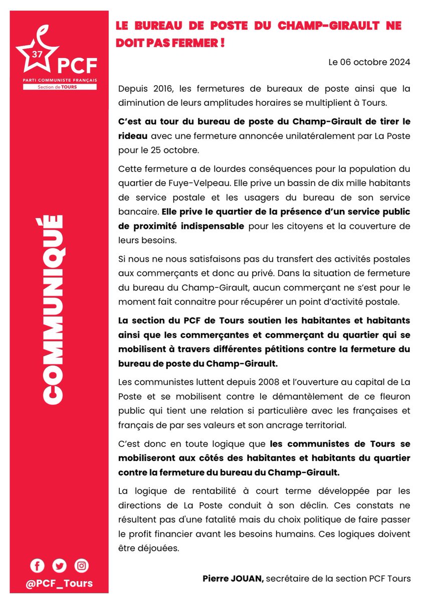 PCF_Tours's tweet photo. [🔴Communiqué] Le bureau de poste du Champ-Girault ne doit pas fermer ! #Tours https://t.co/fVXzkEEqn6