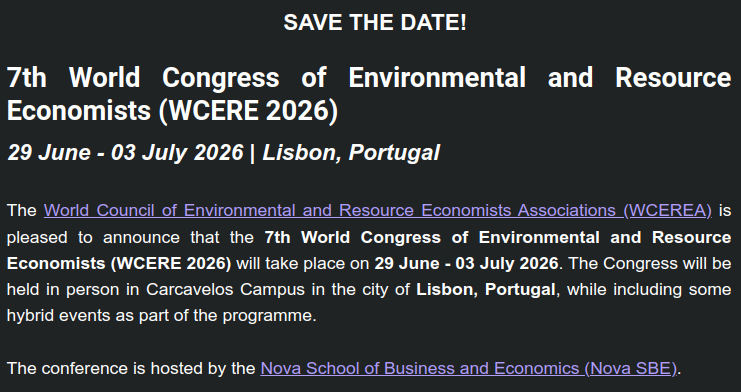 That's great news for all the env econ folks out there :) Amazing location! <a href="/AereOrg/">AERE</a> <a href="/EAERE_envecon/">EAERE</a> #econtwitter