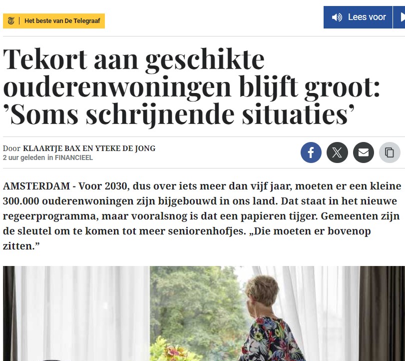 'Er zijn nog altijd meer #ouderenwoningen nodig. En de sleutel ligt bij #gemeenten' schrijft de <a href="/telegraaf/">De Telegraaf</a> dit weekend. 

Met #passendehuisvesting kunnen senioren langer thuis wonen en blijft #verpleeghuiszorg beschikbaar voor de meest kwetsbaren 

#bouwenvooroudisnooitfout