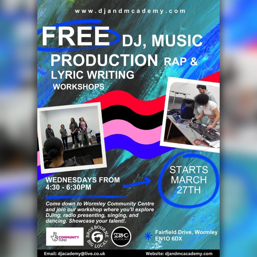 Britdjacademy's tweet photo. This Wednesday from 4:30-6:30, join us at Wormley Community Centre for an exciting evening of DJing, podcasting, singing, and rapping! Whether you're a beginner or experienced, come showcase your talent, learn new skills, and have a great time with the community. Don't miss out! https://t.co/nLUPHv2Lir