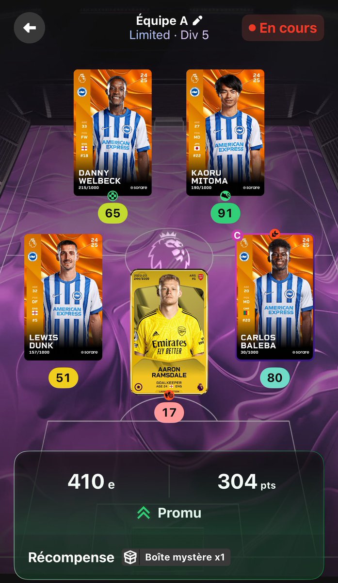 Je vais aller chercher mon Verbruggen aux cages avant la reprise du championnat…

Une petite récompense et une montée tout de même 💪🏼 ( Mitoma et Baleba sont incroyables ) #sorare #brighton #stack #pl